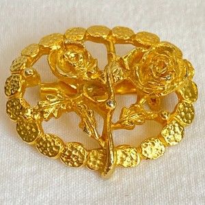 💎Gold Tone Oval Frame Flower Brooch Pin Clear Rhinestone Vintage